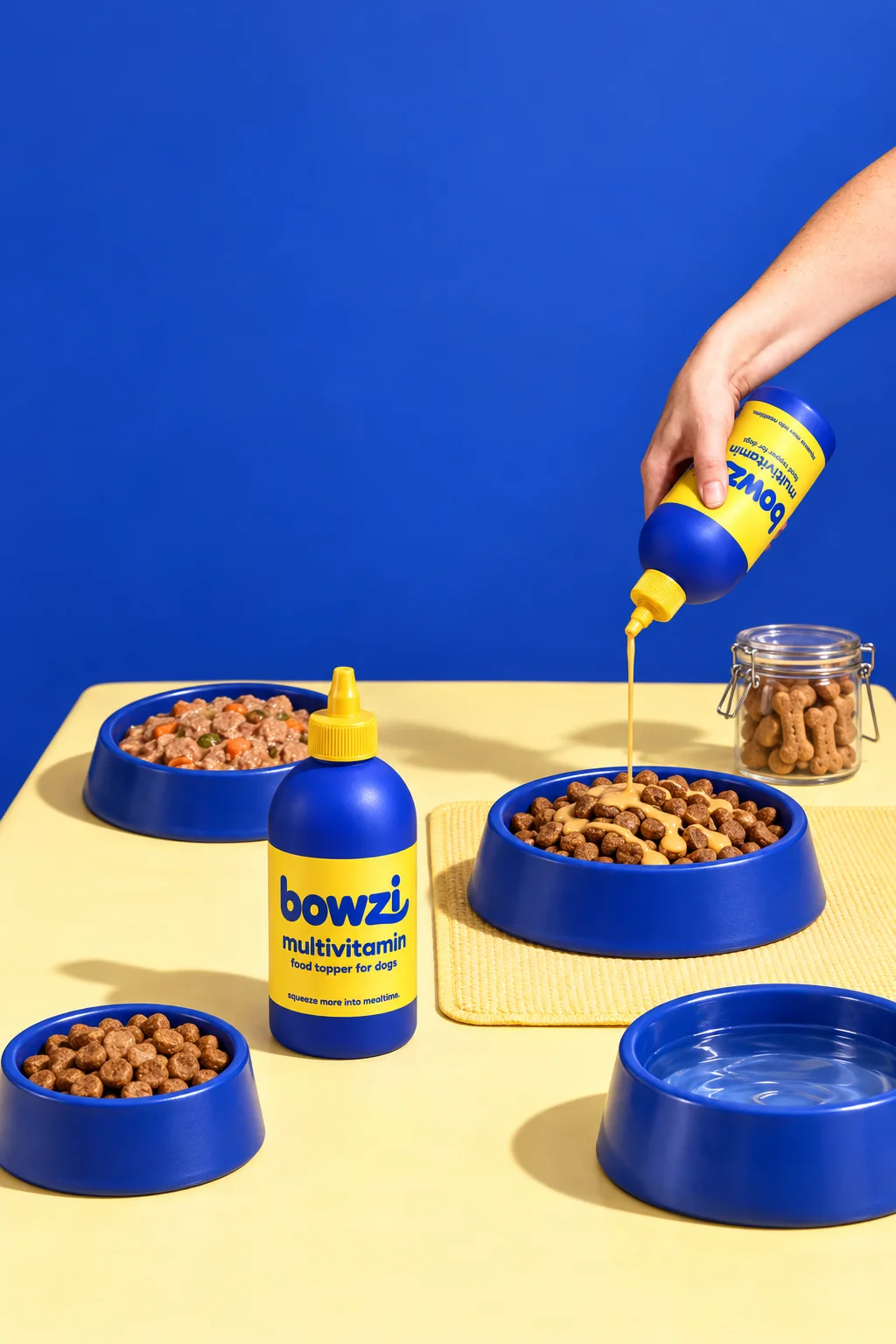 Bowzi with a spread of dog meals